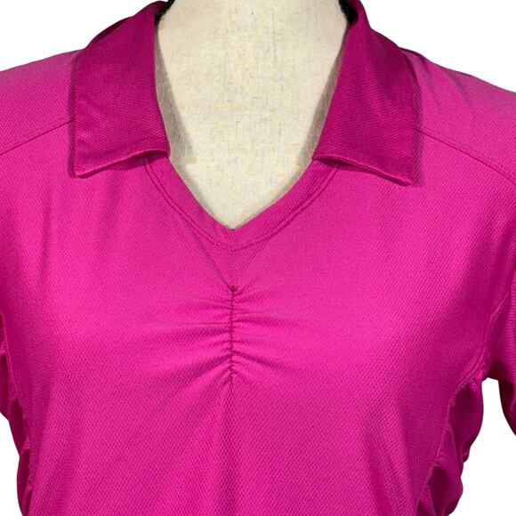 Athleta Medium BIrdie Polo Top V-Neck Stretch Ruched Sides Short Sleeves Pink - Picture 2 of 10